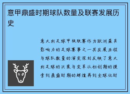 意甲鼎盛时期球队数量及联赛发展历史